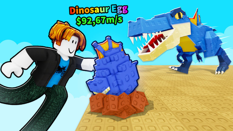 A Roblox player character with extremely long green legs running past a blocky blue T-Rex under a bright sky in Get Tall for Animals.